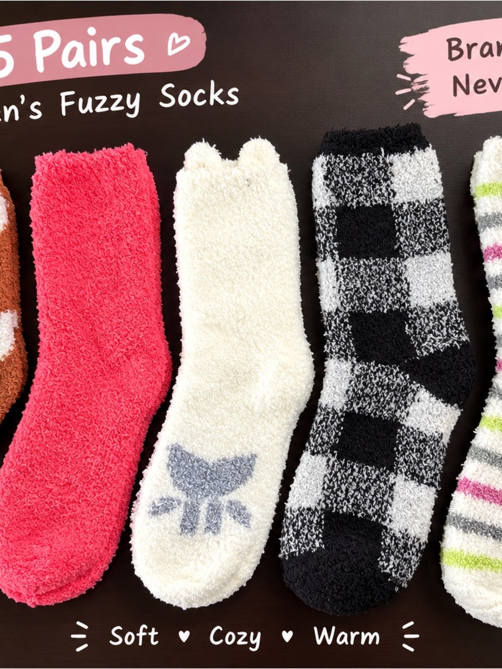 Women's Cozy Fuzzy Socks - Cream, Pink, Black & Multi - Pack